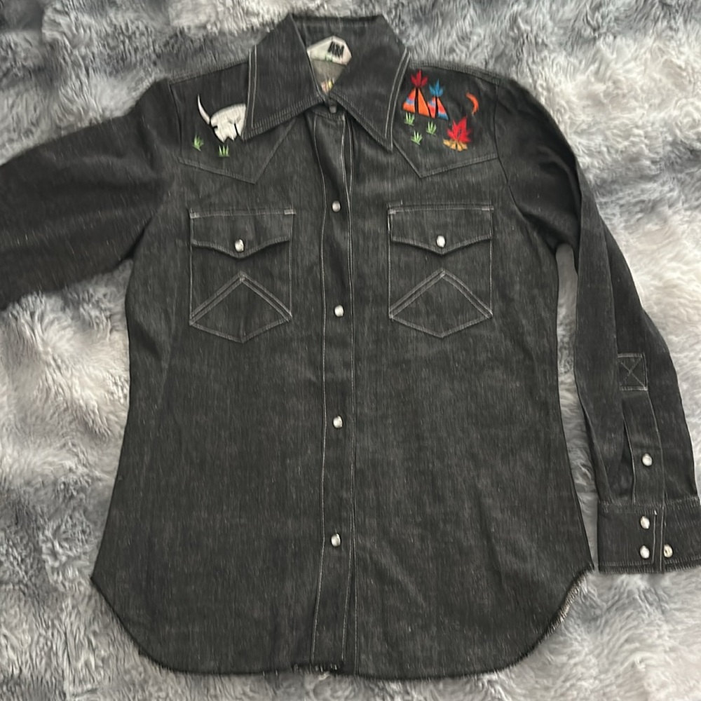 Vintage Western Embroidered Denim Jacket Shirt - Black 100% Cotton